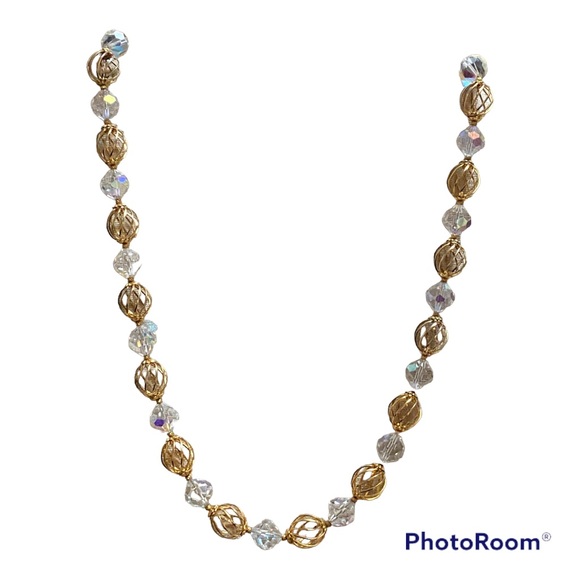 Vintage Crystal Gold Plated Beads Necklace Aurora Borealis Faceted Crystal Bead - Picture 2 of 12